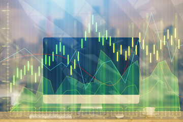 Multi exposure of chart and financial info and work space with computer background. Concept of international online trading.