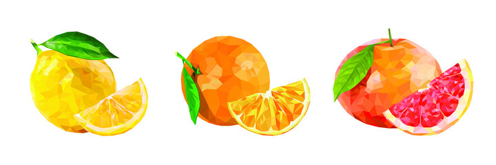 Polygonal citrus fruit set. Lemon,Orange, Grapefruit fruit with a leaf and slice of polygons. Low poly. For packaging, labels, logo, showcase, banner. Vector illustration isolated.