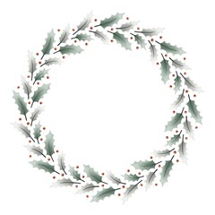 Watercolor digital illustration. Botanical wreath of green branches and leaves with flowers and polka dots. Floral Design elements.