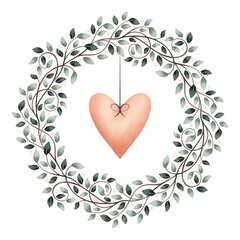 Watercolor digital illustration. Botanical wreath of green branches and leaves with flowers and polka dots. Floral Design elements.