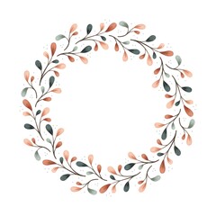 Watercolor digital illustration. Botanical wreath of green branches and leaves with flowers and polka dots. Floral Design elements.