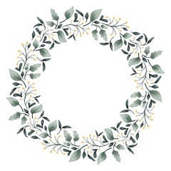 Watercolor digital illustration. Botanical wreath of green branches and leaves with flowers and polka dots. Floral Design elements.