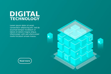 Isometric Digital Technology Web Banner. BIG DATA Machine Learning Algorithms. Analysis and Information. Big Data Access Storage Distribution Information Management and Analysis.