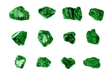 Green gem stones nuggets set white background isolated close up, raw emerald gemstones collection,...