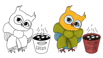 Vector cute owl with a cup of cocoa in color and line art. For coloring, posters, logo, print, t-shirt design element.