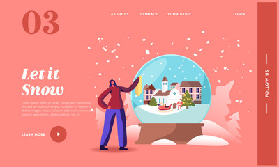 Christmas and New Year Holidays Landing Page Template. Tiny Female Character with Huge Crystal Globe with Santa Claus