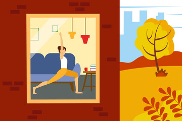 Woman doing exercises at home. Illustration of half a house and a street. Cute illustration in flat style.