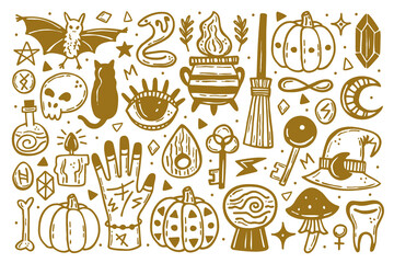 Halloween clip art set of elements. Holiday ink stamps, silhouettes. Eye, black cat, bat, witch hat, pumpkin, key, poison, cauldron, skull, bone, snake, runes, moon. Vectors. Golden color.