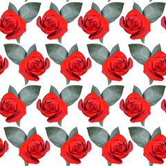 Seamless pattern with red rose flowers and green leaves on white background. Endless colorful floral texture. Raster illustration.