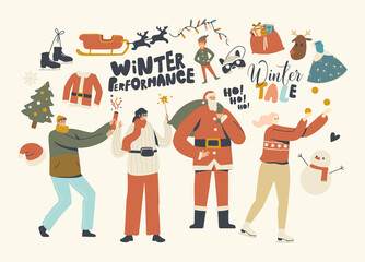 New Year or Christmas Bash. Characters Celebrating Party Having Fun and Dancing at Decorated Fir Tree with Santa Claus