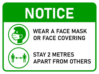 Horizontal Instruction Signboard with Basic Set of Measures against Coronavirus Covid-19, including Notice Wear a Face Mask or Face Covering and Stay 2 Metres Apart from Others. Vector Image.