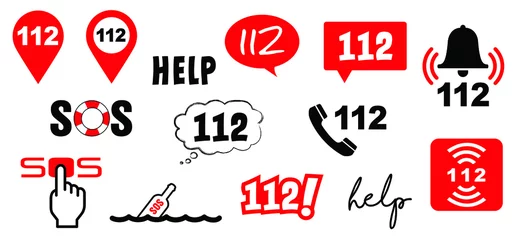 Foto auf Leinwand Helpline European day of emergency number 112 Day 11 february 11 SOS symbool Safety first Medical logo Vector Fun sign icon icons Distress signal Alarm help location pincall phone lifebuoy police © MarkRademaker