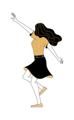Obraz premium Picture of joyful active young female character with long hair wearing black skirt raising hand on white background as power of positive thinking