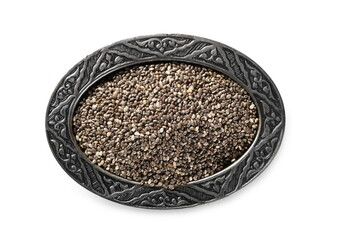 Chia seeds pile in decorative metal bowl isolated on white background, top view