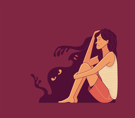 Sad young female character sitting near silhouettes of spooky monsters on red background as illustration of mental disorder psychotherapy and paranoia