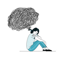 Sad woman sitting on floor. Black thinking bubble over her head. Overthinking, mental disorder psychotherapy, and loneliness flat concept. Vector cartoon illustration
