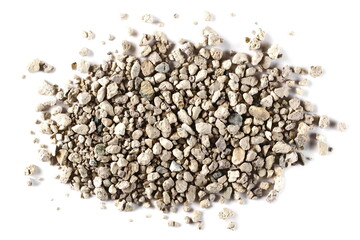 Cat litter filler pile isolated on white background, top view