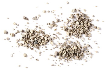 Cat litter filler pile isolated on white background, top view