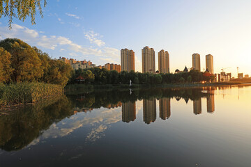Fototapeta na wymiar Waterfront City Architectural Scenery, North China