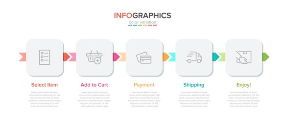 Concept of shopping process with 5 successive steps. Five colorful graphic elements. Timeline design for brochure, presentation, web site. Infographic design layout.