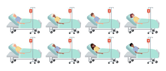Cartoon vector set of lying patients with drip of blood