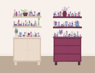 Beauty and health store interior. Cartoon shampoo, cream, lotion, scrub, perfume, soap, moisturizer on shelves. Vector flat illustration, banner template.
