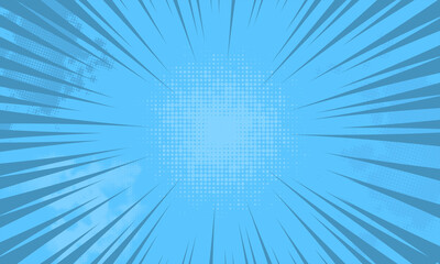 Comic book abstract template with rays and halftone. Humor effects on radial background. Illustration in magazine style, trendy colors. Copyspace for advertising or design. Dotted, geometric blue.