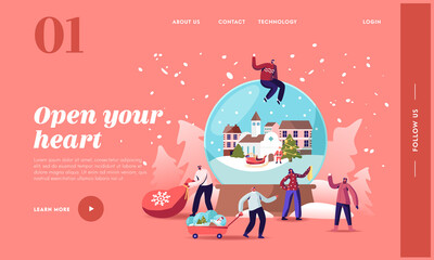 Christmas Holidays Celebration Landing Page Template. Tiny Characters around Huge Crystal Ball. People Prepare Presents