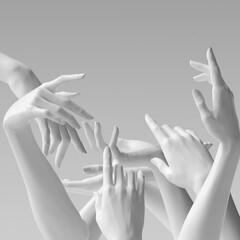 Many hands, female hand white sculptures gestures. Mannequin hands reach up. 3d rendering concept - 379336809