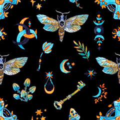 Seamless pattern with moth butterfly and mysterious symbols - key, mushroom, plant on black.
