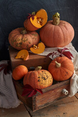 Harvest pumpkin, pumpkin in a wooden box, a lot of pumpkin.