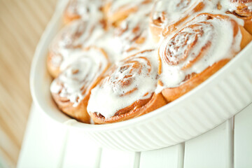 Cinnabon, iced buns, delicious homemade cakes. High quality photo. 