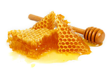 Bee combs with honey isolated on a white background. A flowing sweet dessert. A portion of a healthy and healing treat.