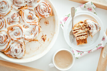 Cinnabon, iced buns, delicious homemade cakes. High quality photo. 