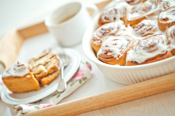 Cinnabon, iced buns, delicious homemade cakes. High quality photo. 