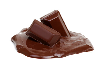 Melting piece of dark chocolate bar on white