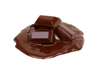Melting piece of dark chocolate bar on white