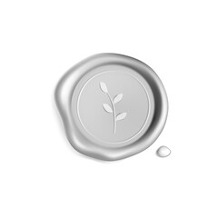 Silver wax seal stamp with branch isolated on white background. Realistic guaranteed stamps. Realistic 3d vector illustration