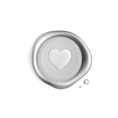 Silver wax seal stamp with heart isolated on white background. Realistic guaranteed stamps. Realistic 3d vector illustration