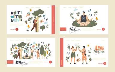 Unity with Nature, Save Planet and Ecology Protection Landing Page Template Set. Characters Meditate, Connect with Flora
