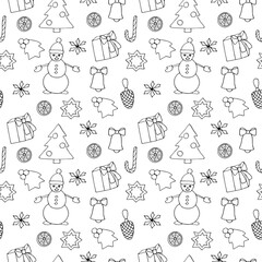 Christmas seamless pattern, vector illustration, gift box, snowflake, Christmas tree, Holly, candy cane, cookie, cone, snowman, tangerine slice, hand drawing