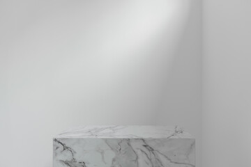 Empty pedestal or long podium marble display on white background room in natural light concept. Blank product shelf standing backdrop /copy space