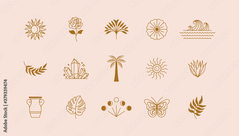 Aufkleber vector set of linear icons and symbols - sun, plants, different objects - minimalistic design elemen