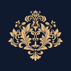 Damask graphic ornament. Floral design element. Dark blue and gold vector pattern