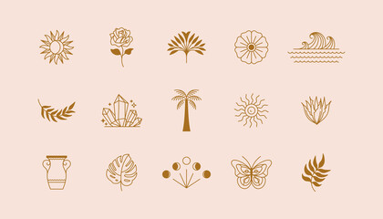 Vector set of linear icons and symbols - sun, plants, different objects - minimalistic design elements for tattoo or decoration