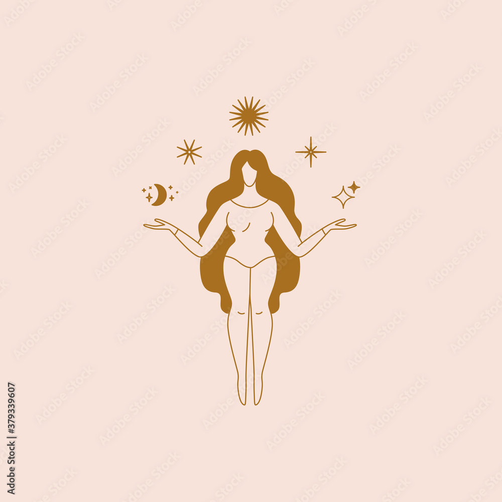 Poster beautiful female figure. vector logo design template and illustration in simple minimal linear style