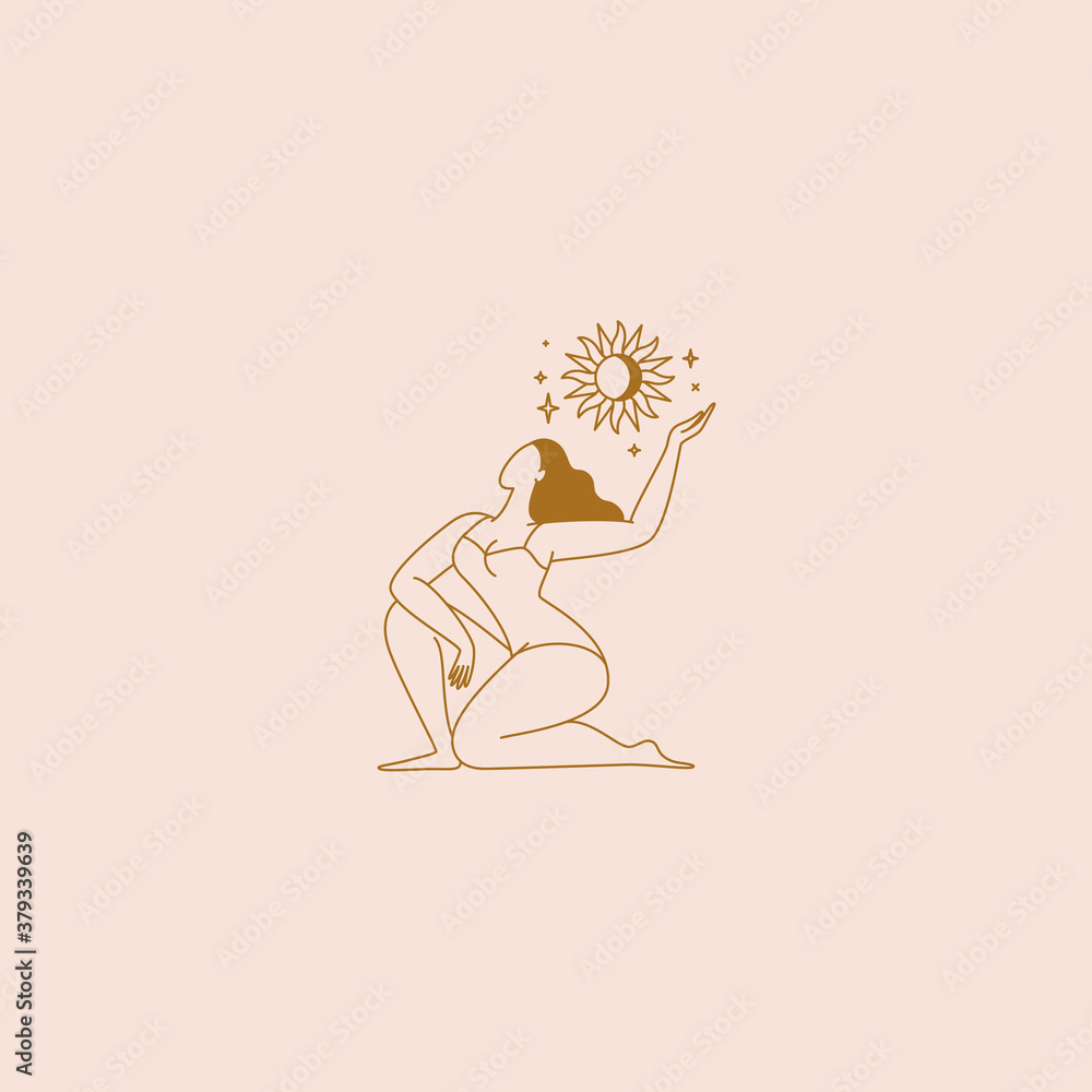 Poster beautiful female figure. vector logo design template and illustration in simple minimal linear style