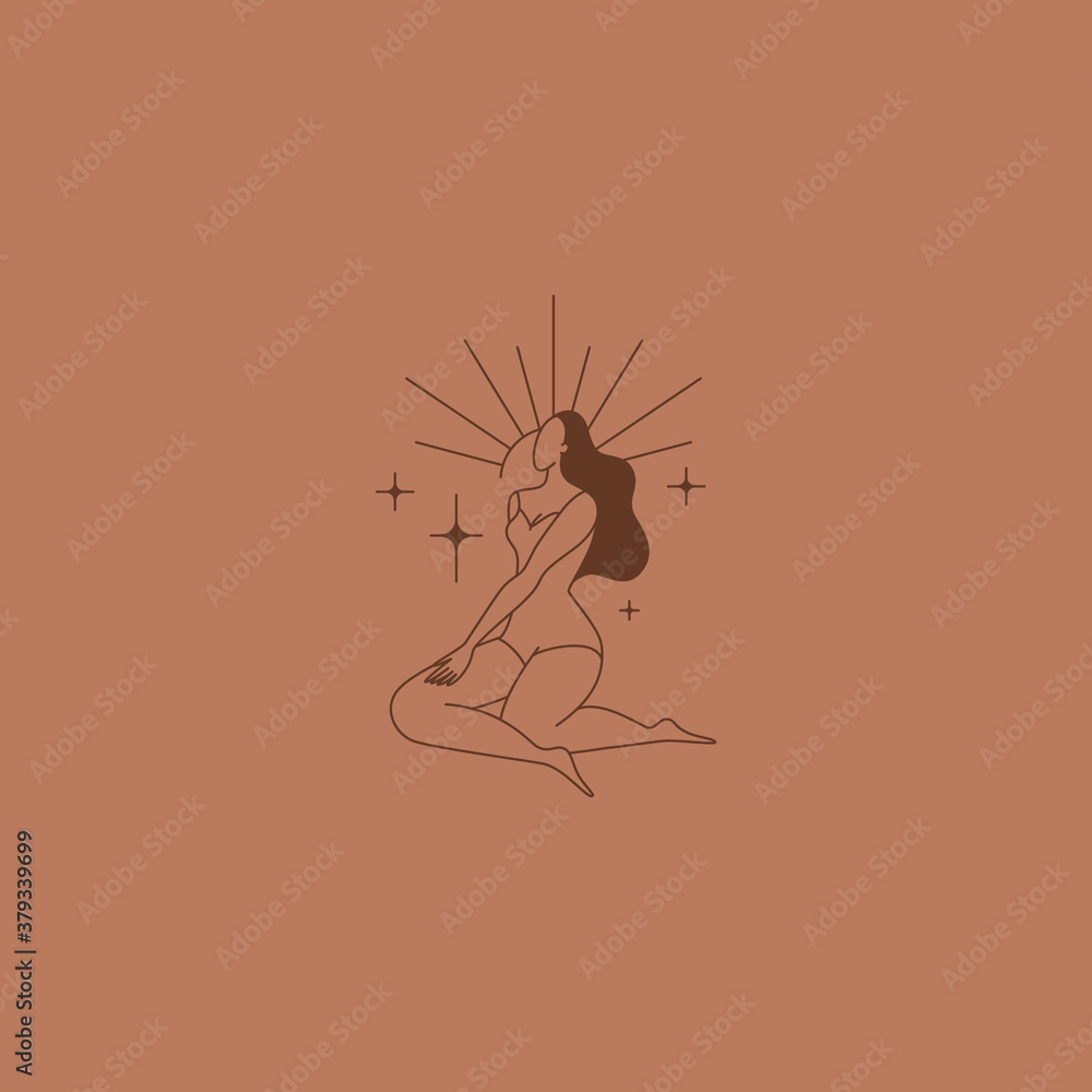 Poster beautiful female figure. vector logo design template and illustration in simple minimal linear style