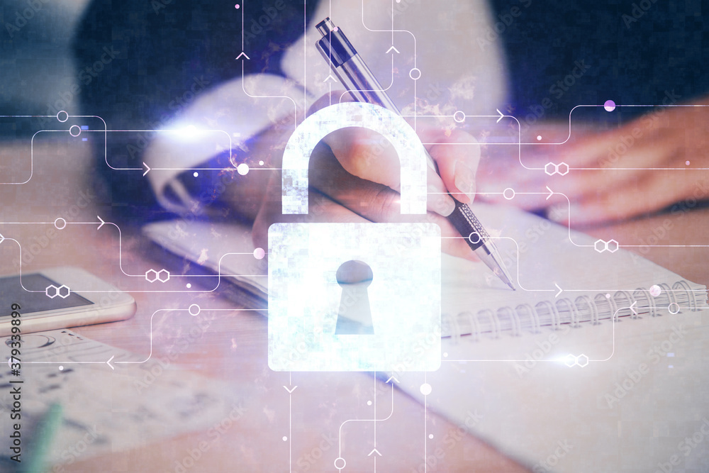 Poster double exposure of hands making notes with lock icons. concept security and protection of data