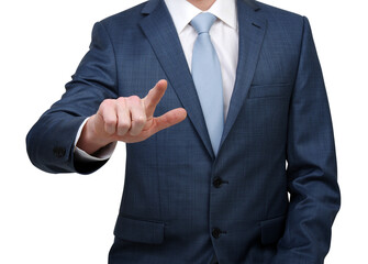 Businessman in suit touch at something isolated on white